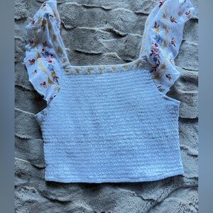 T.J.Maxx White Textured Top with Floral Sleeves